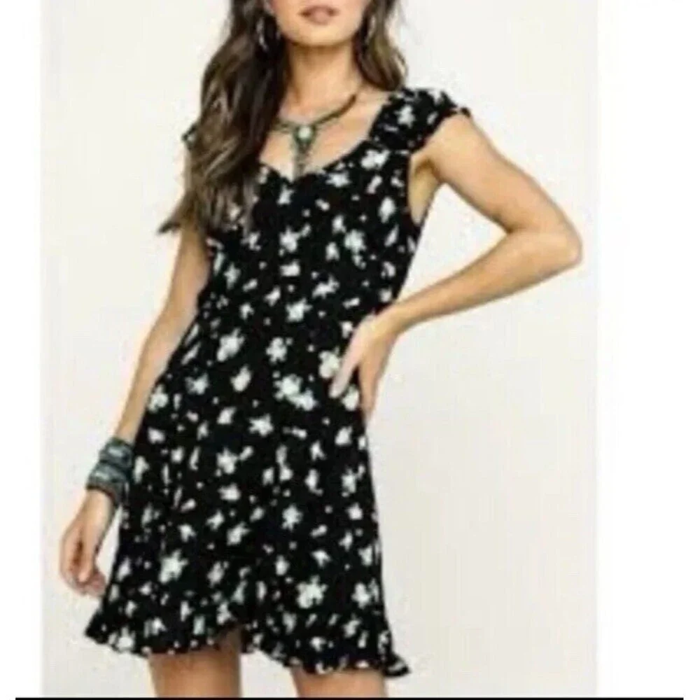 Free People Like A Lady Floral Print Ruffle Trim Mini Dress Black Womens Small​​